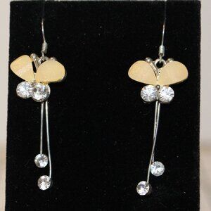 Butterfly Dangle Earrings Rhinestones & Beige Sparkle Wings Approx 1.75" Drop